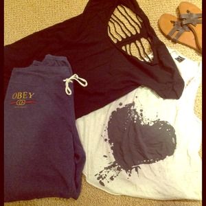 Bundle 2 tops, Obey sweats and Volcom sandals