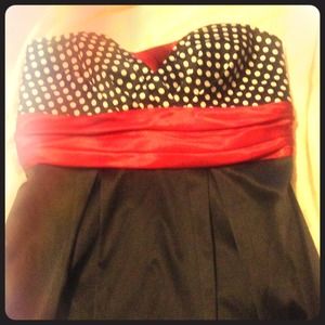 Black, red, and white polka dot dress,