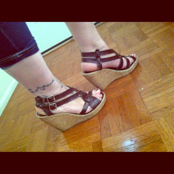 Dark brown open toe wedges