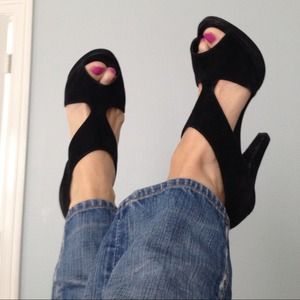 J CREW black suede cut-out peep toe pumps
