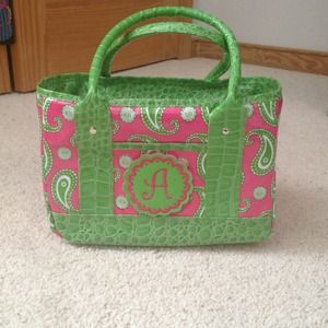 Pink & green monogrammed 'A' lunch box/mini cooler