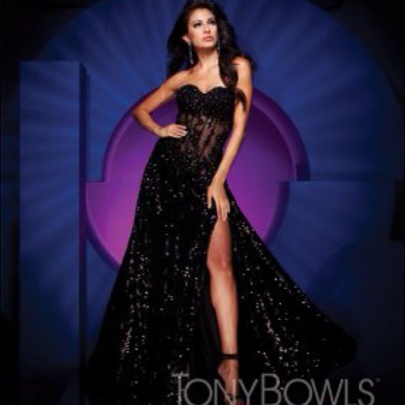 Tony Bowls - Black Sequenced Strapless Gown - Picture 2 of 8