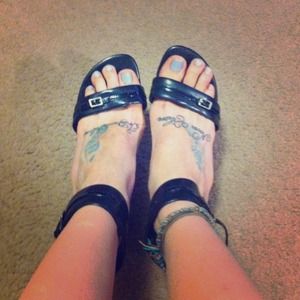 Black leather ankle strap heels