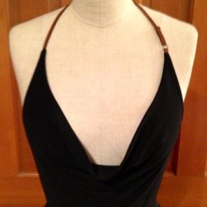 Sexy blk halter w/leather strap adjustable detail