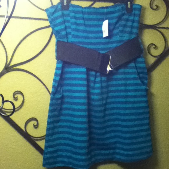 Sexy teal n blue striped tube top dress w belt