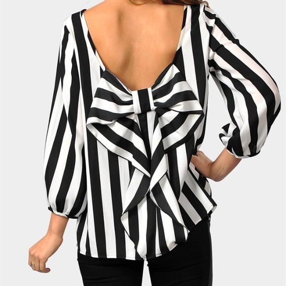 Tops - Black and white striped bow back top