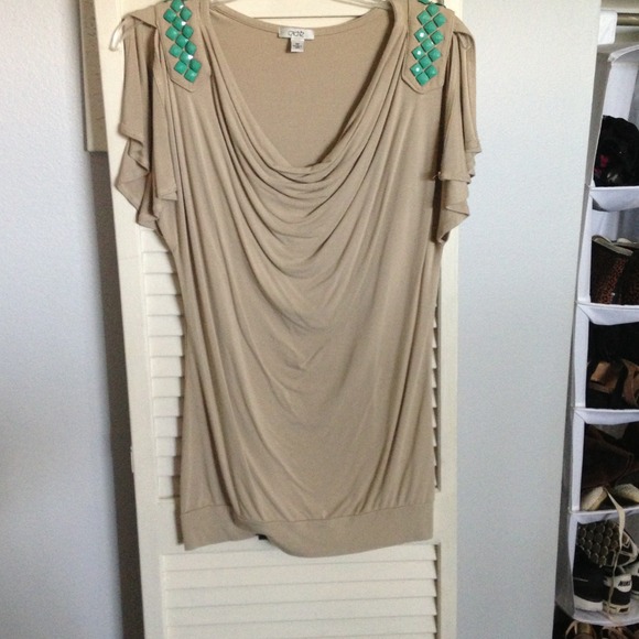 REDUCED Tan cache top with teal studded shoulders - Picture 1 of 3