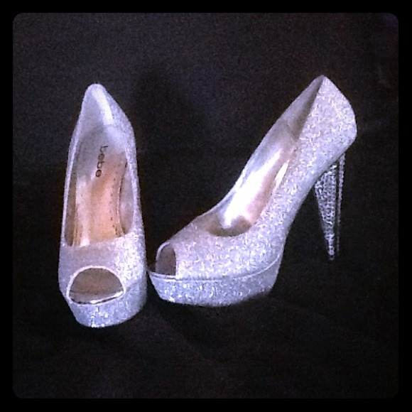 Silver glitter and crystals Bebe peep toe heels