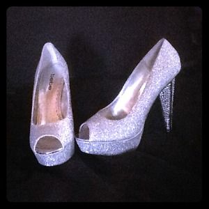Silver glitter and crystals Bebe peep toe heels