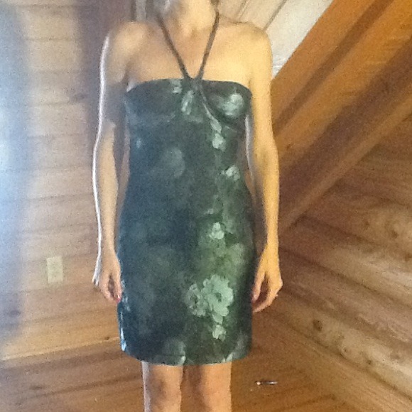 Black satin dress with blue & green flowers
