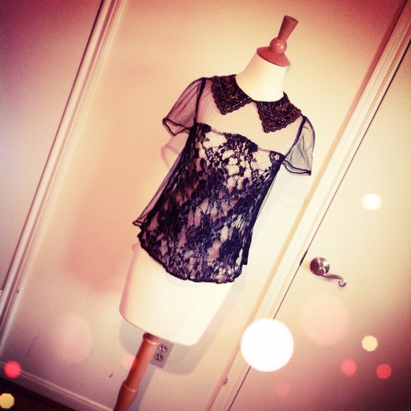 Tops - Black Lace Top With Beaded Collar & Mesh Back