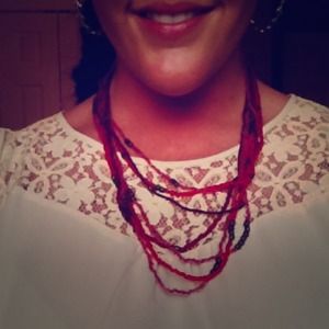Multi layer red/pink/antique gold necklace