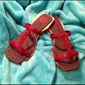 Red beaded sandal. New
