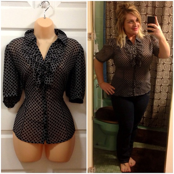 Tops - Like new sheer black/white ruffle button up