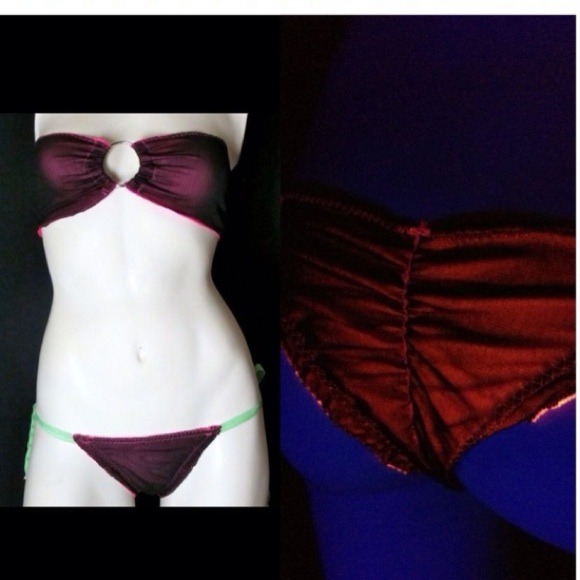 2pc sexy tube top black over neon pink bikini