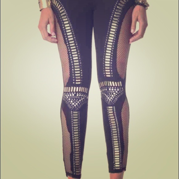 Metallic Bullet Paneled Mesh Studded Leggings