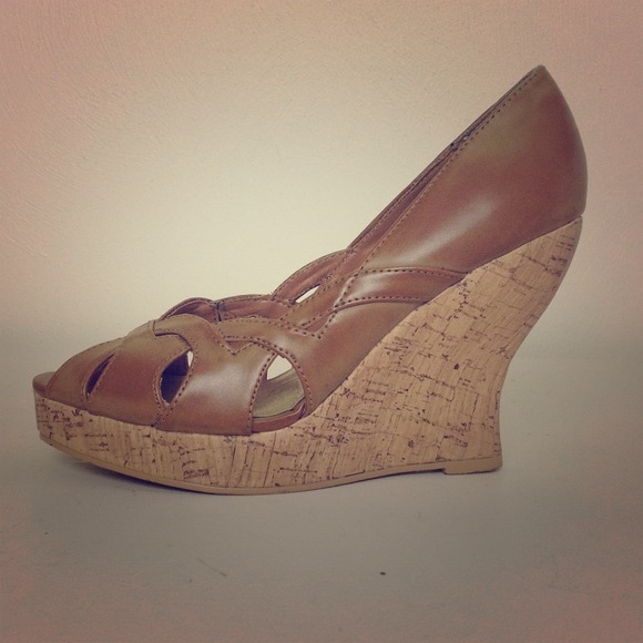 Tan Cork Peep Toe Wedges