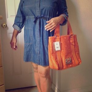 Denim dress szL, Orange bag,matching sandals s81/2