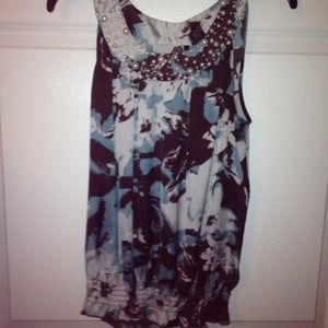 Cute summer sleeveless blue, brown, & white top