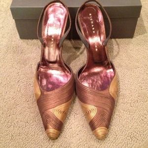 Brown and Gold close toe dress shoes.