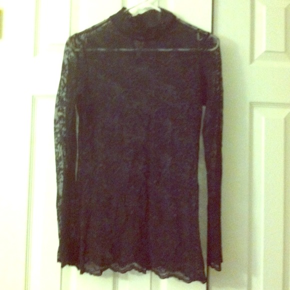 Long sleeve black lace see through blouse