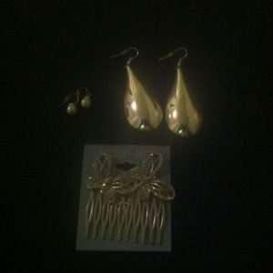 Silver butterfly comb n silver tear drop earrings