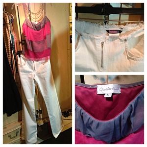 BUNDLE pink and grey ruffled top white demon jeans
