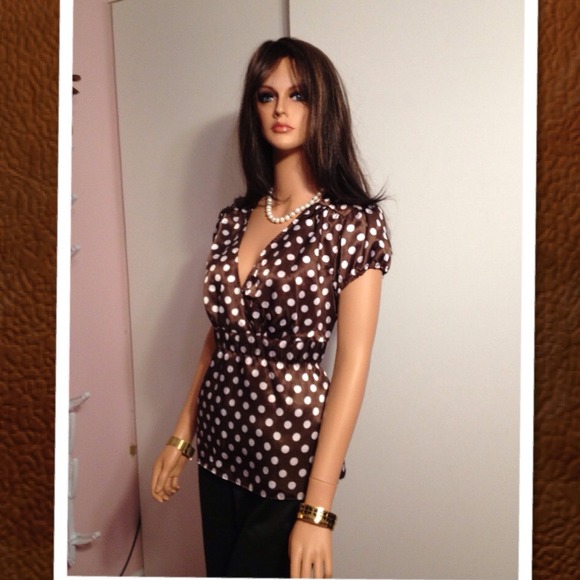 💝Brown & White Satiny Polka Dot Dress Top - Picture 2 of 3