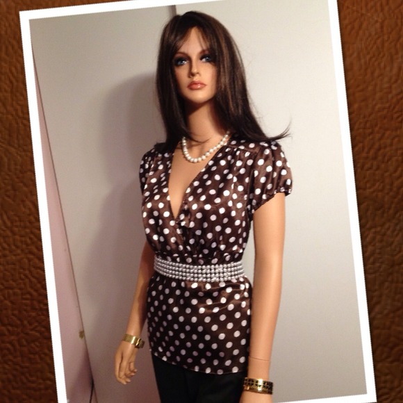 💝Brown & White Satiny Polka Dot Dress Top - Picture 3 of 3
