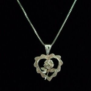 Sterling Silver Rose in Heart Pendant/Necklace