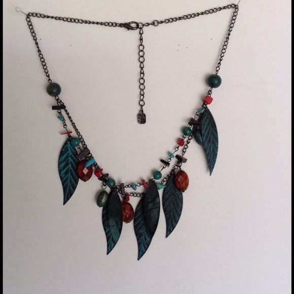 Necklace - red and turquoise colored beads