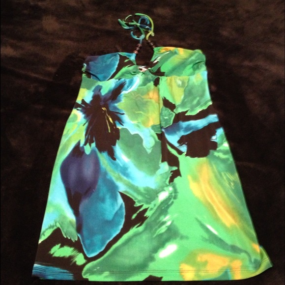 SOLD!!  Tropical print halter dress with beads.