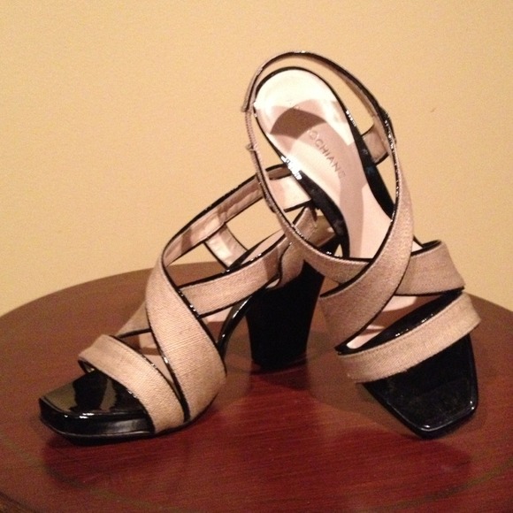 Black patent leather and linen sandals