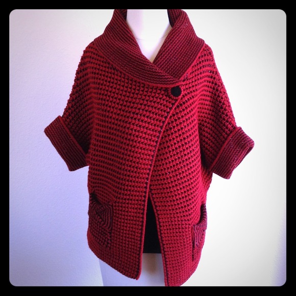 Red & Black Short Sleeve Knitted Cardigan Sweater