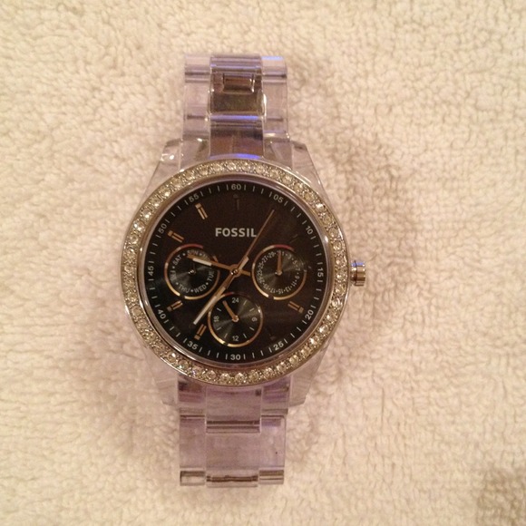Fossil clear acrylic Wmns watch w/ black face