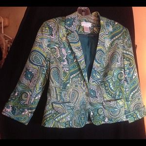 Paisley green blazer rhinestone button accent