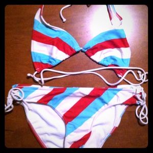 Blue, white and red striped bikini