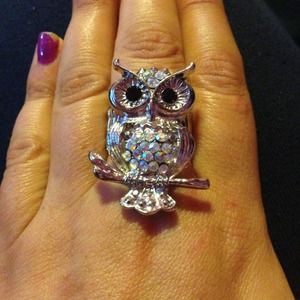 Silver bling owl ring
