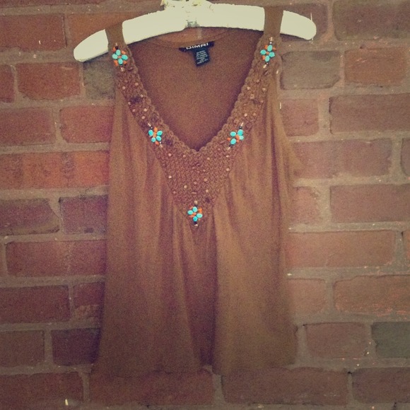 Brown Sleeveless Top with Turquoise Detailing