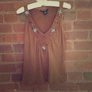 Brown Sleeveless Top with Turquoise Detailing
