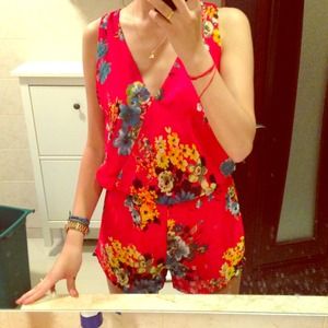 Red floral romper