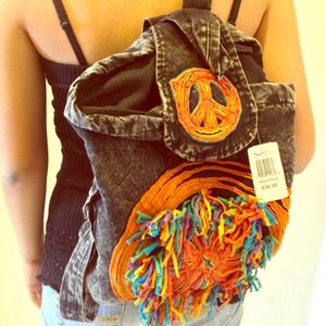 Black acid wash peace sign backpack