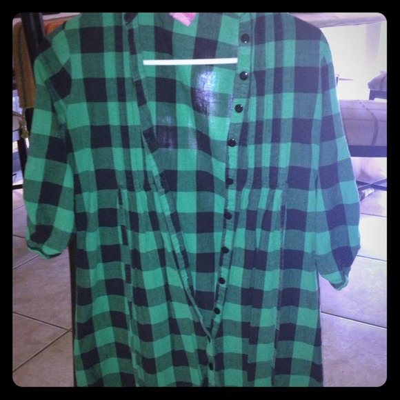 Green checkered shirt dress