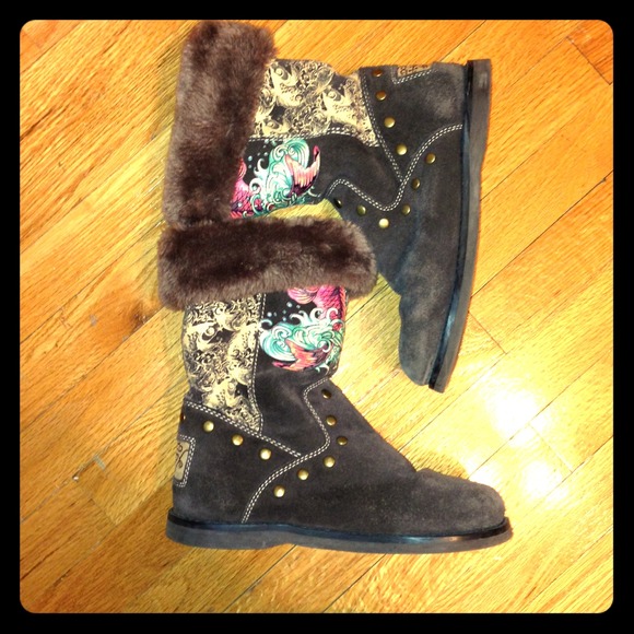 Brown ed hardy calf length boots - Picture 1 of 4