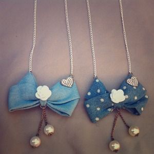 Denim bow tie long necklace
