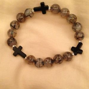 Black and Grey Agate Bead and cross bracelet