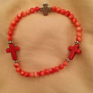 Coral Bead and cross bracelet