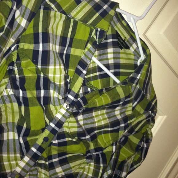 Green plaid button up top - Picture 2 of 3