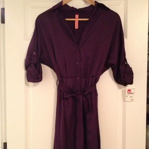 Purple satin shirt dress w/belt