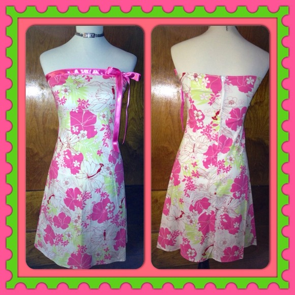 Strapless Flowered Dress with Pink Bow on side.